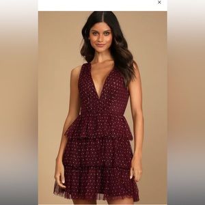 Forever Sparkling Burgundy Dotted Mesh Tiered Mini Dress